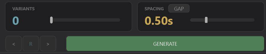 Footer: VARIANTS / SPACING / audition buttons / GENERATE
