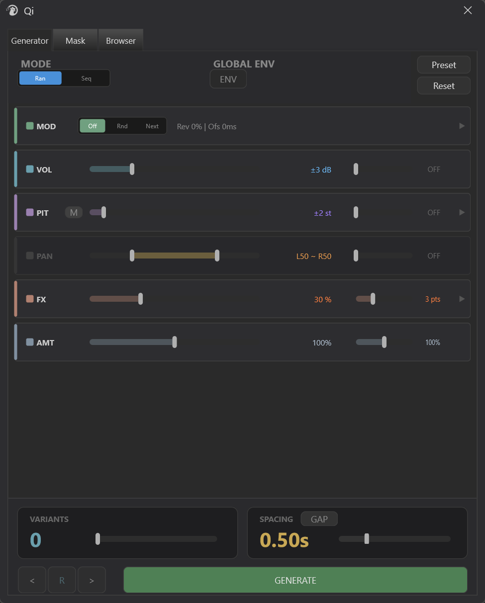Qi main window — Generator Tab