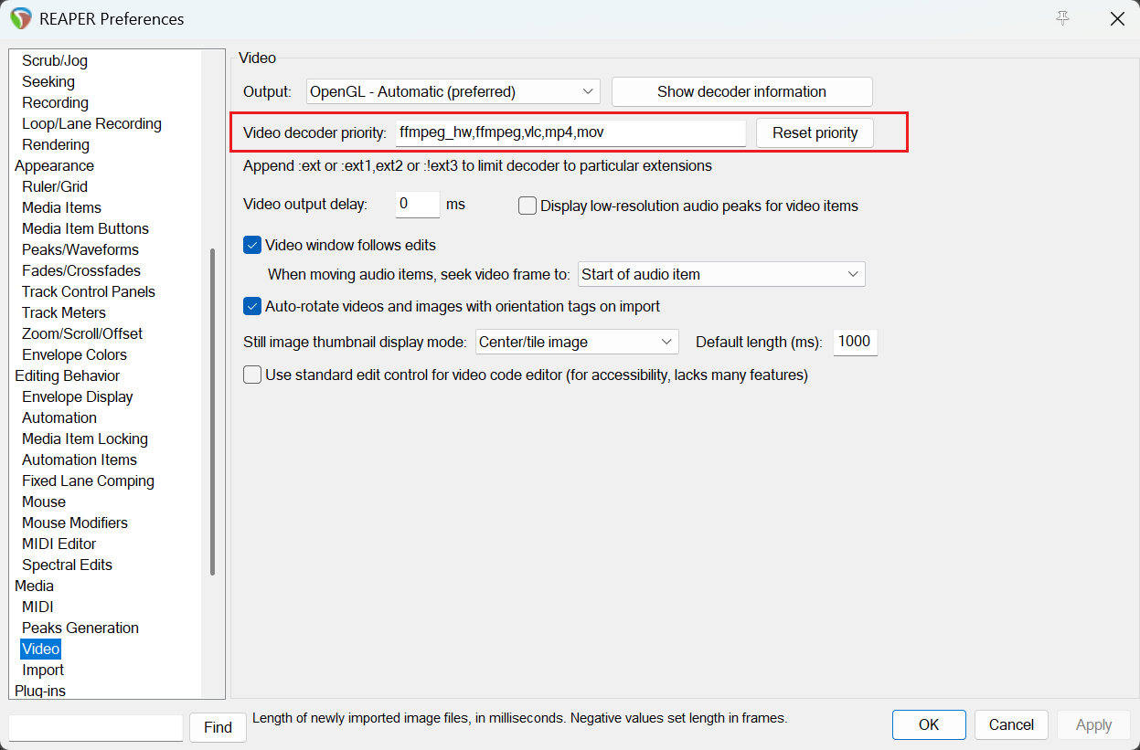 REAPER video decoder priority settings