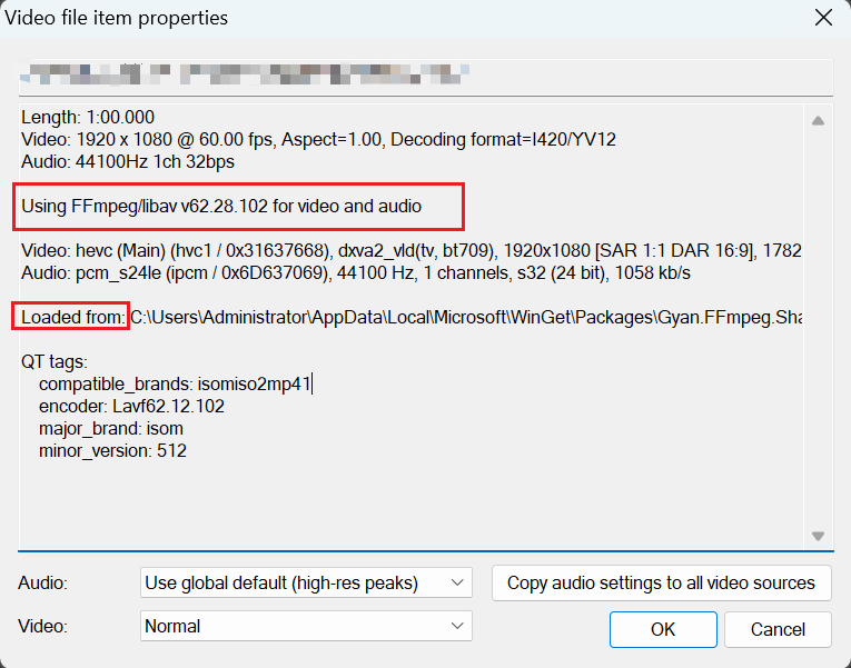 Confirming FFmpeg is loaded in Source Properties