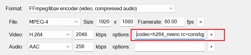 Entering the encoder configuration string in options