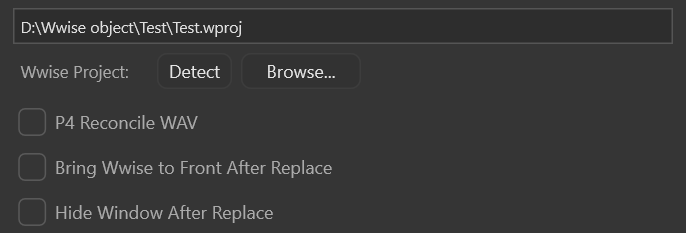 Settings window: Wwise Project / Detect / Browse and three toggles